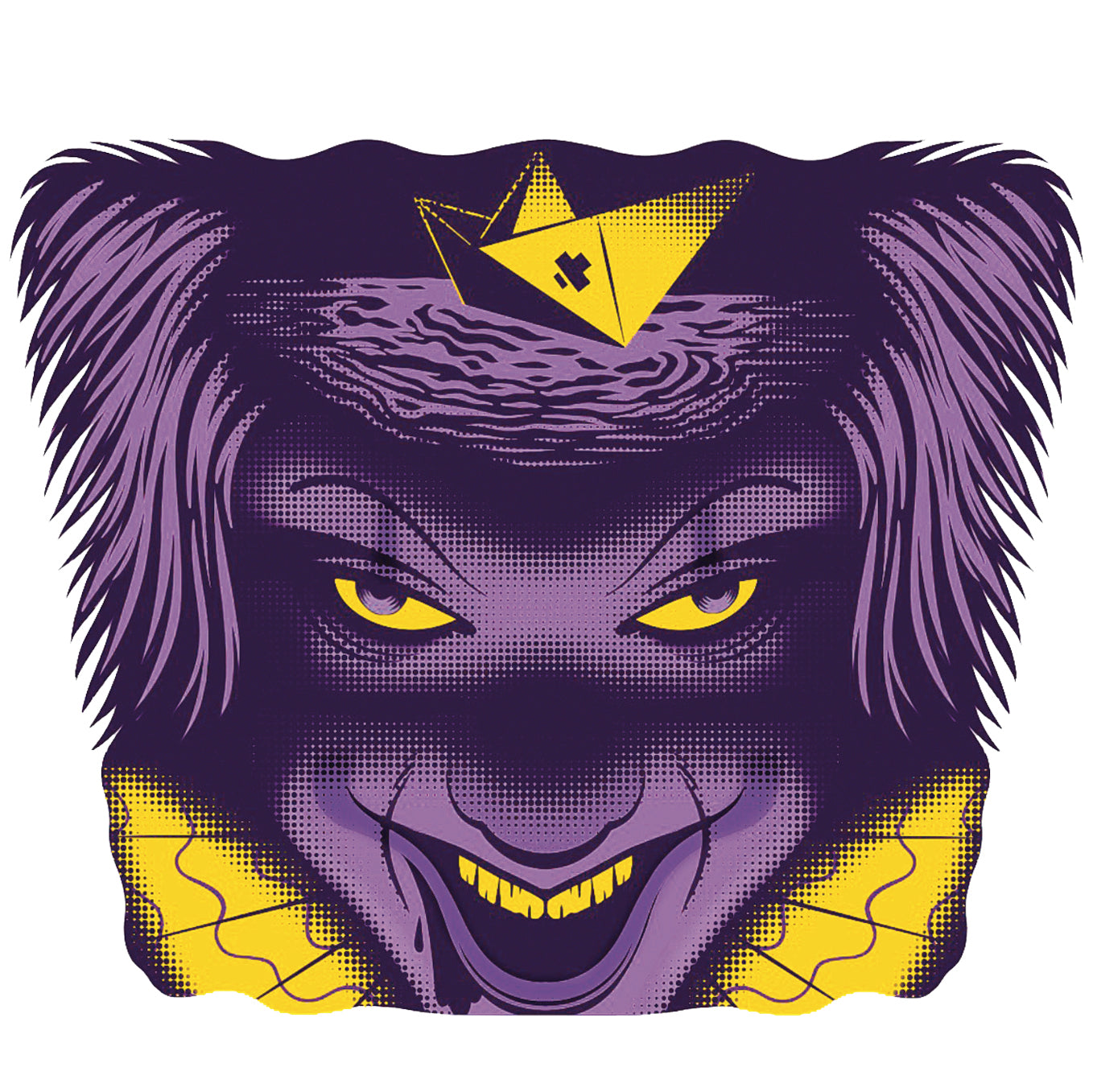 Kids temporary tattoo sleeve close-up of purple snarling face with yellow crown