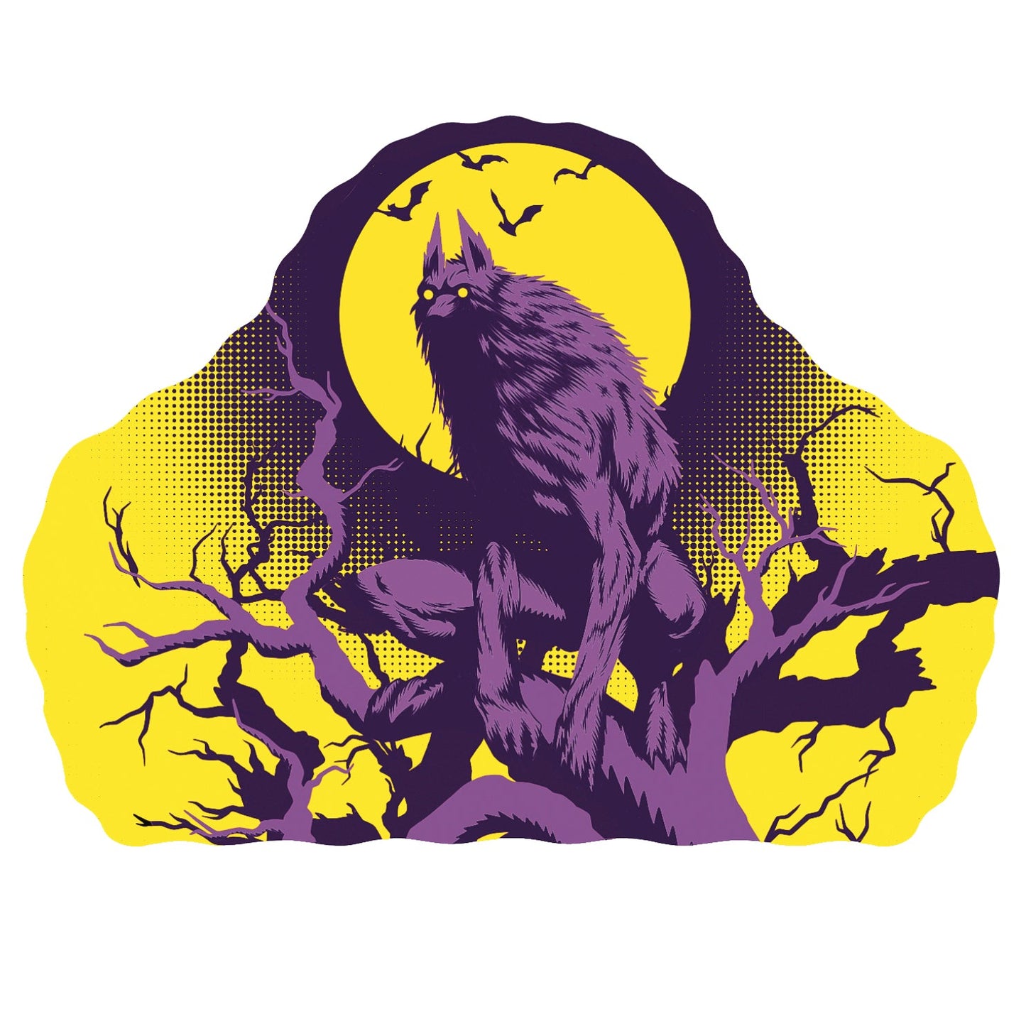 Kids temporary tattoo sleeve with large purple wolf head over yellow-and-purple background