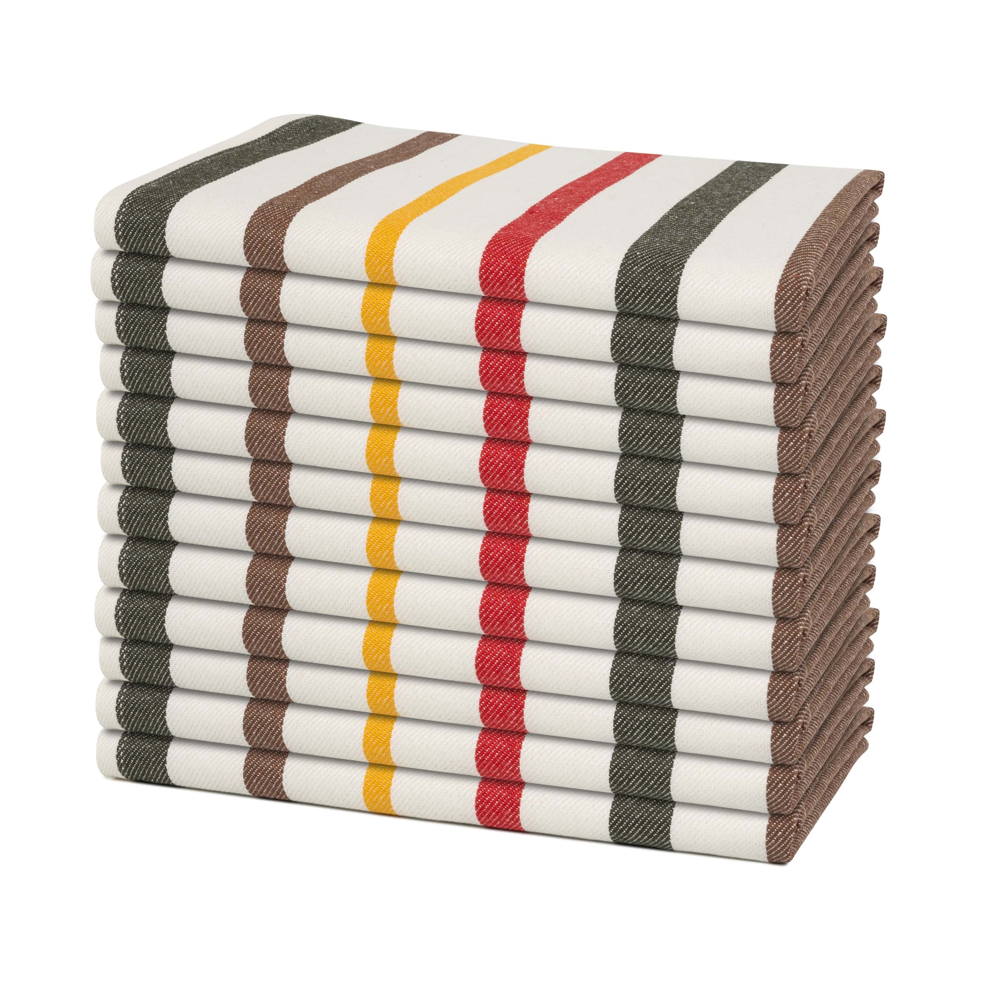 Stack of striped cloth napkins in dark gray, white, brown, and yellow vertical stripes