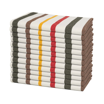 Stack of striped cloth napkins in dark gray, white, brown, and yellow vertical stripes