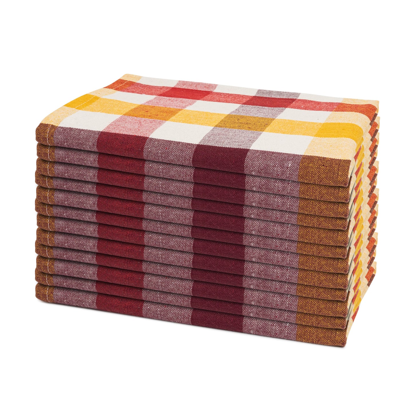 Plaid dinner napkins, stacked, multicolor red yellow gray check design