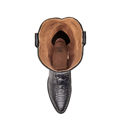 Brown cowboy boot with crocodile-style leather and visible interior lining at opening