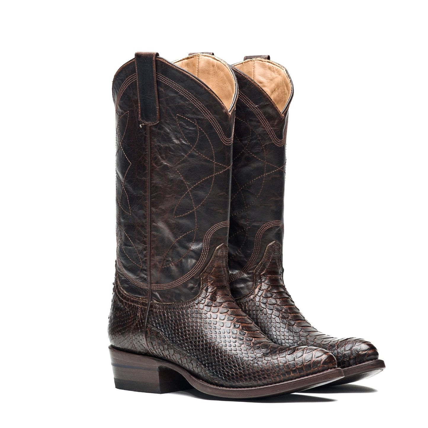 Brown cowboy boots with crocodile-style texture, pull tab, and stitched upper panels