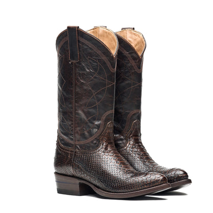 Brown cowboy boots with crocodile-style texture, pull tab, and stitched upper panels
