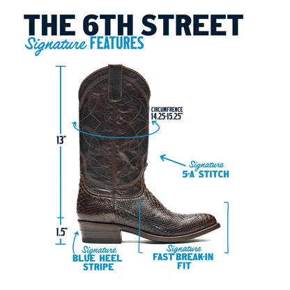 Black cowboy boot silhouette diagram with tall shaft and pointed toe