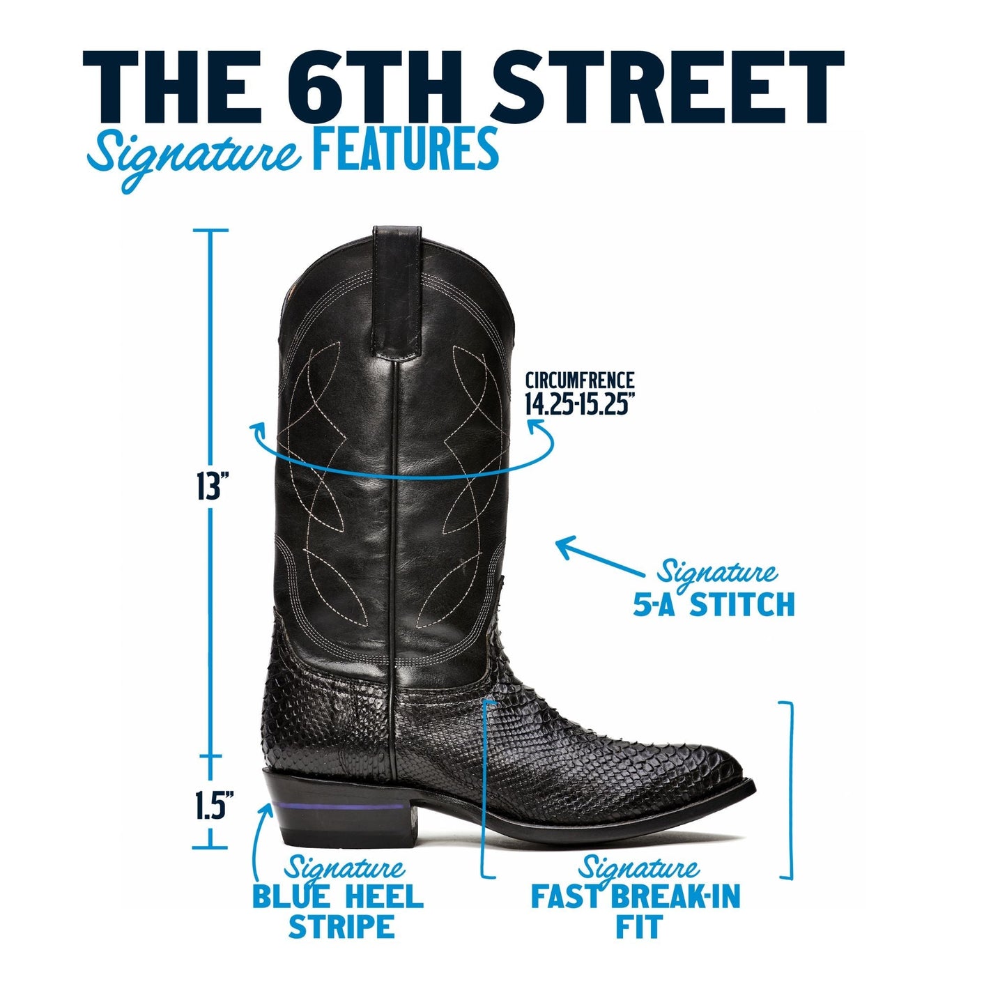 Black cowboy boots with decorative stitching on shaft and textured vamp