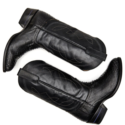 Black cowboy boot pair, textured shafts with decorative stitching and dark blue accents