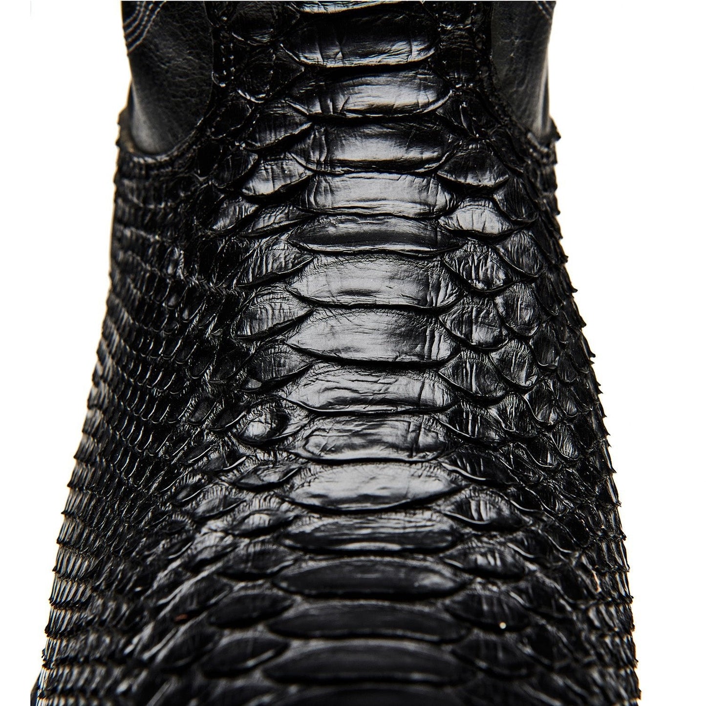 Black cowboy boot with textured crocodile-style leather finish and pointed toe