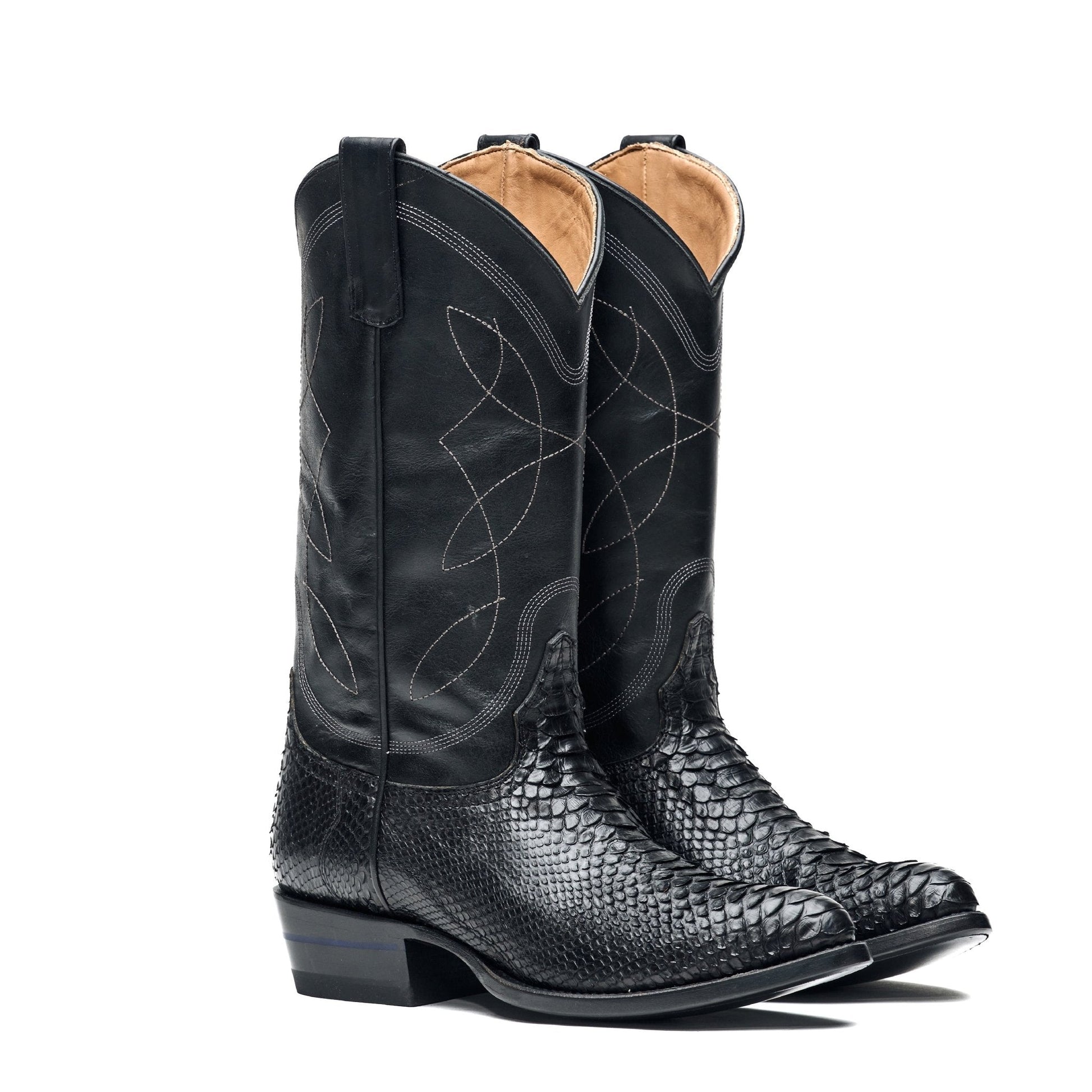 Black tall cowboy boots with decorative stitching and pull-on shaft, pair view