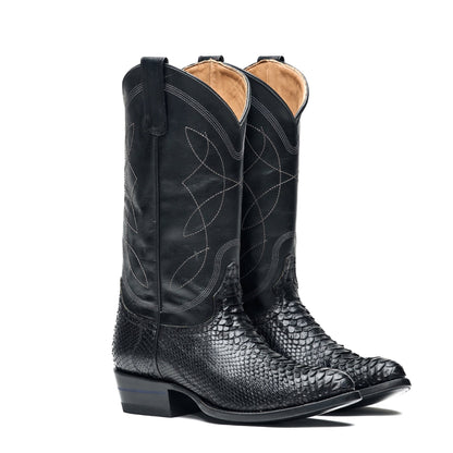 Black tall cowboy boots with decorative stitching and pull-on shaft, pair view
