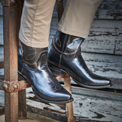 Black cowboy boots with tan stitch accents and glossy finish
