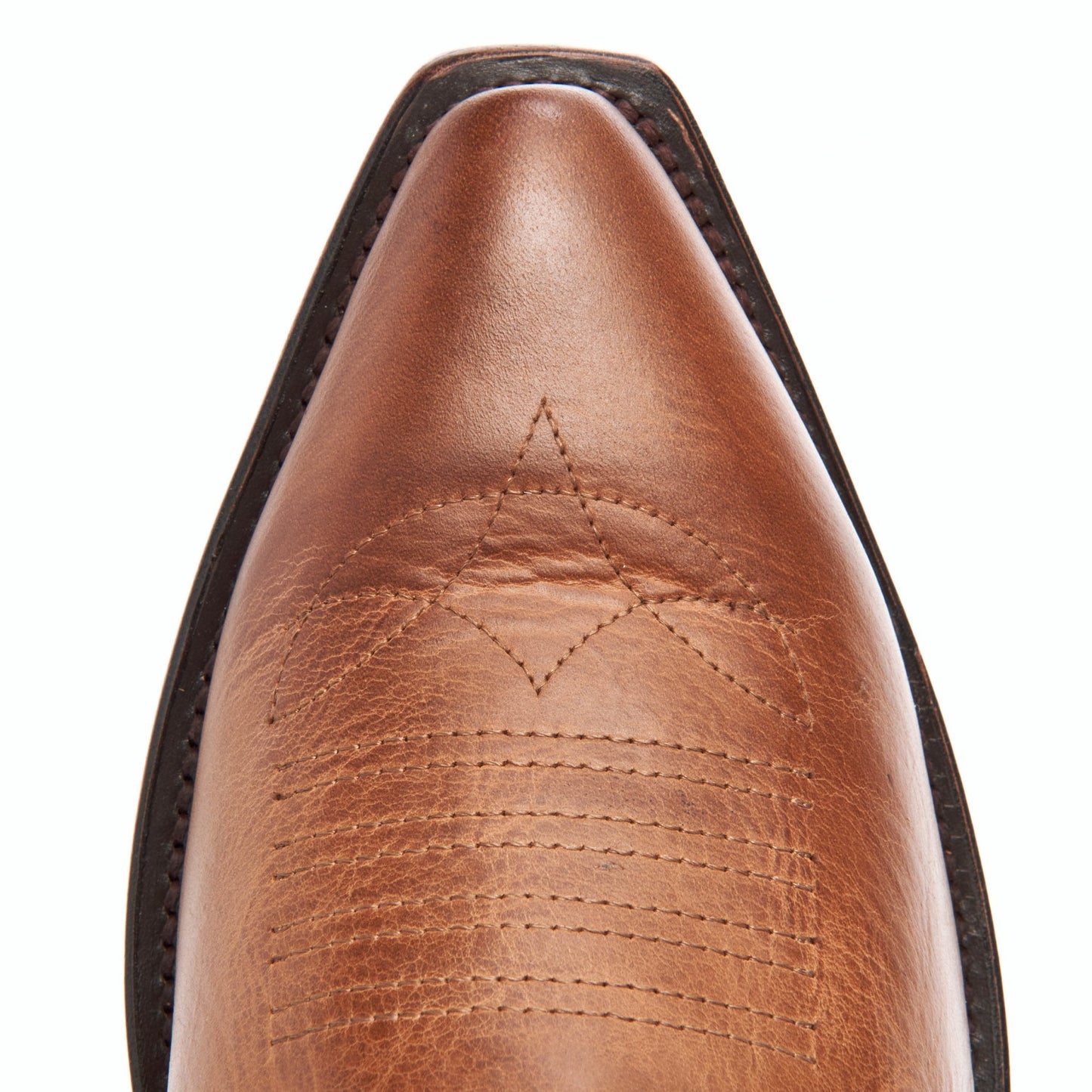 Brown boot toe with visible topstitching and leather grain close-up
