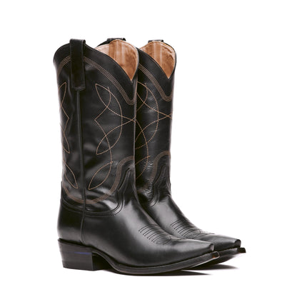 Black cowboy boots with stitched swirl detailing and pull-on shaft