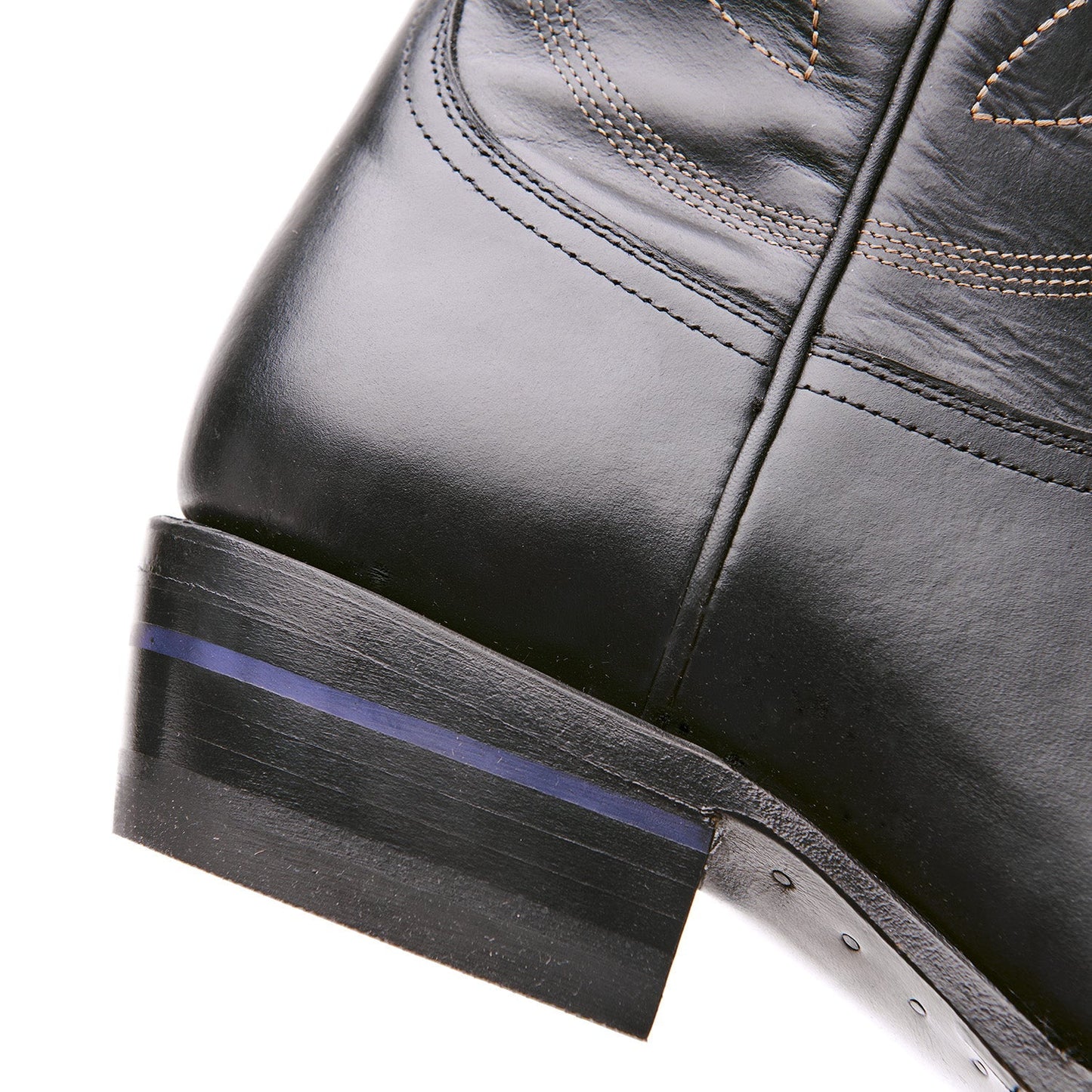 Black cowboy boot heel and outsole with blue-tinted stripe