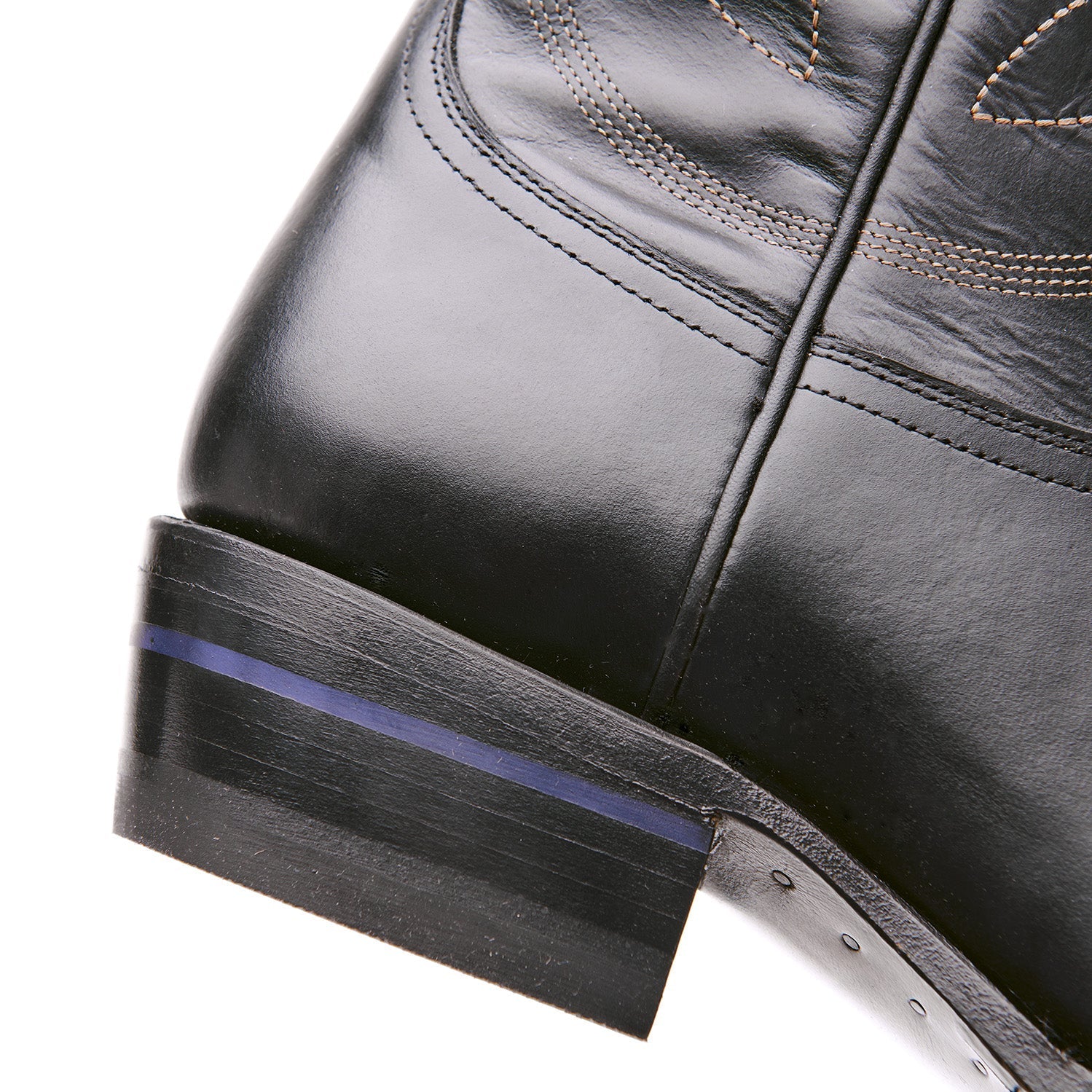Black cowboy boot heel and outsole with blue-tinted stripe