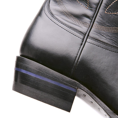 Black cowboy boot heel and outsole with blue-tinted stripe