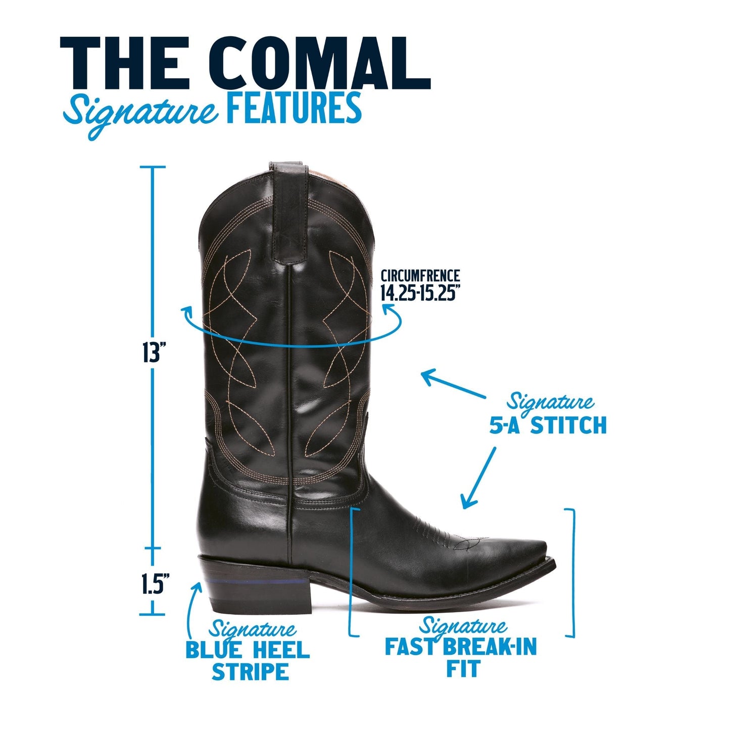 Black cowboy boot diagram showing height and width measurements