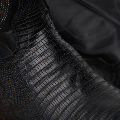 Black embossed leather boot upper with textured crocodile-like pattern