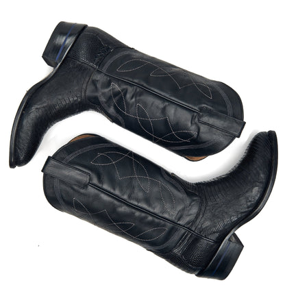 Pair of black cowboy boots with stitched patterns and tall shafts.
