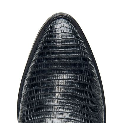 Black cowboy boot toe with alligator-style texture and smooth rounded edge.