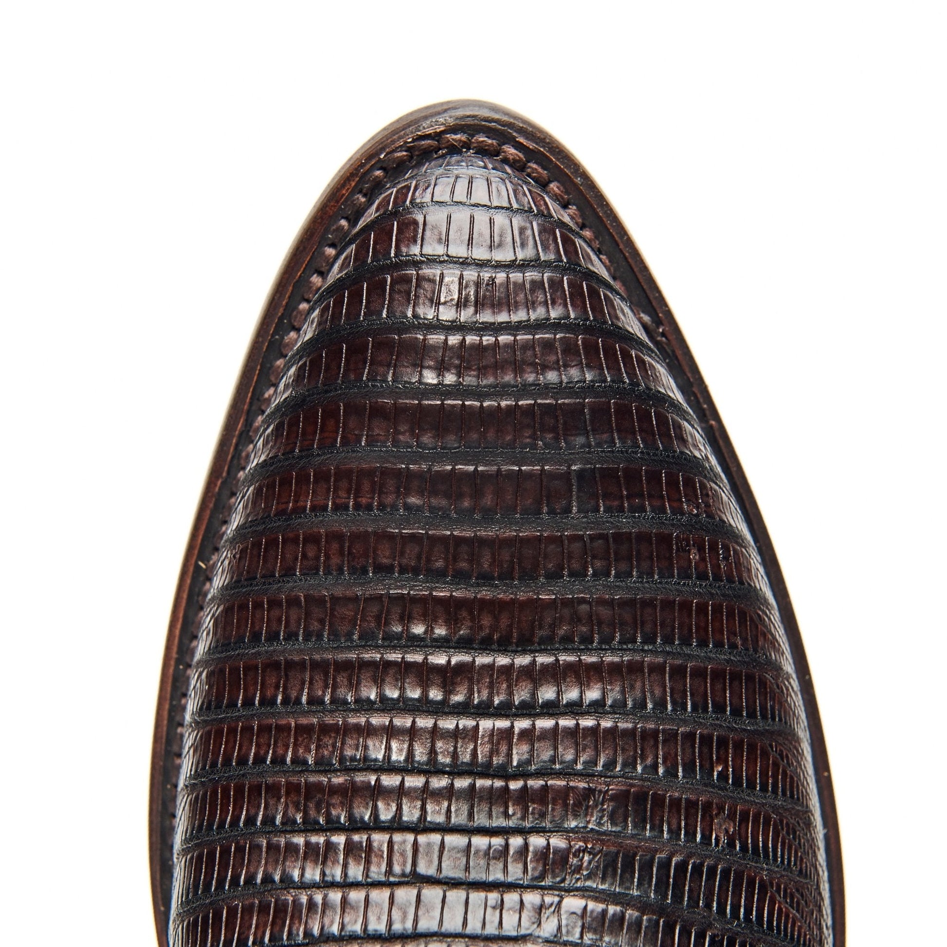 The Congress boot toe view in dark brown leather with textured ribbed pattern