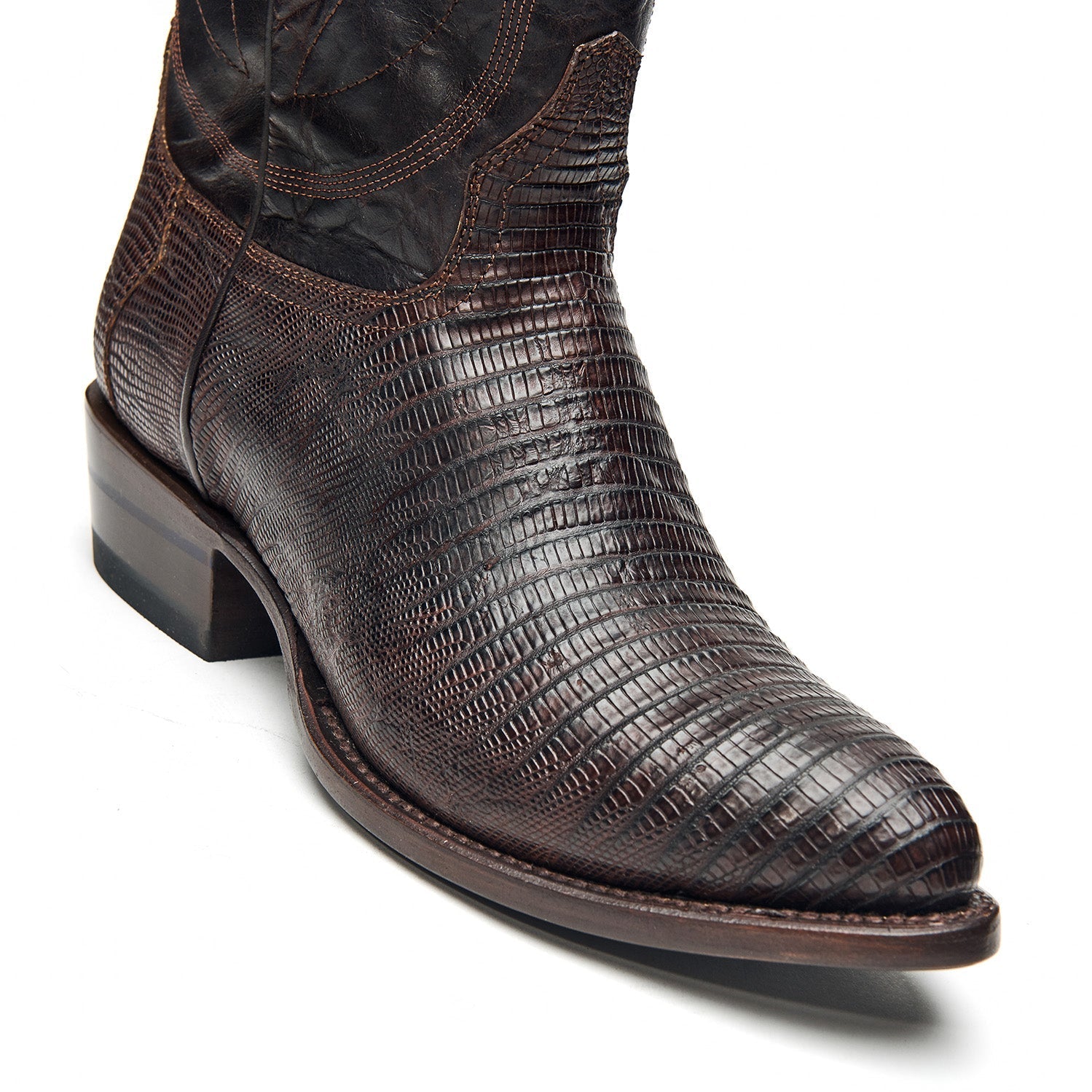 The Congress cowboy boots, dark brown leather with reptile-textured vamp and low heel