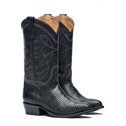Black cowboy boots with stitched decorative leaf pattern and pull tabs