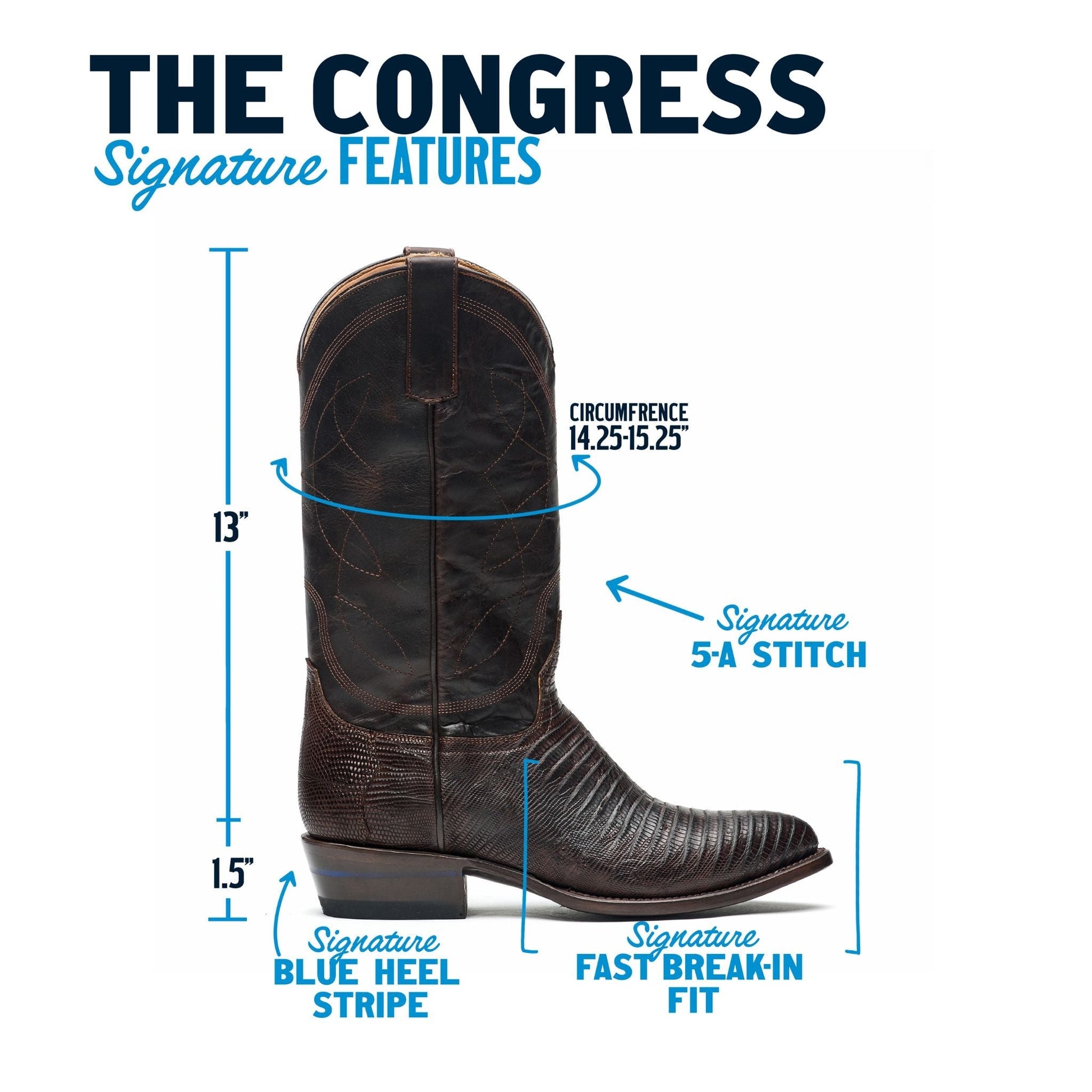 The Congress boot features diagram: dark boot shaft and signature stitch details