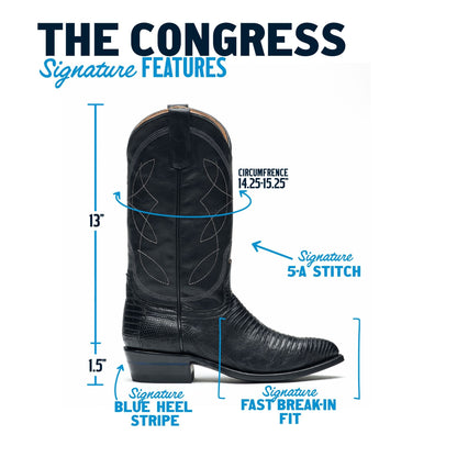 Black cowboy boot diagram showing front profile and heel shape
