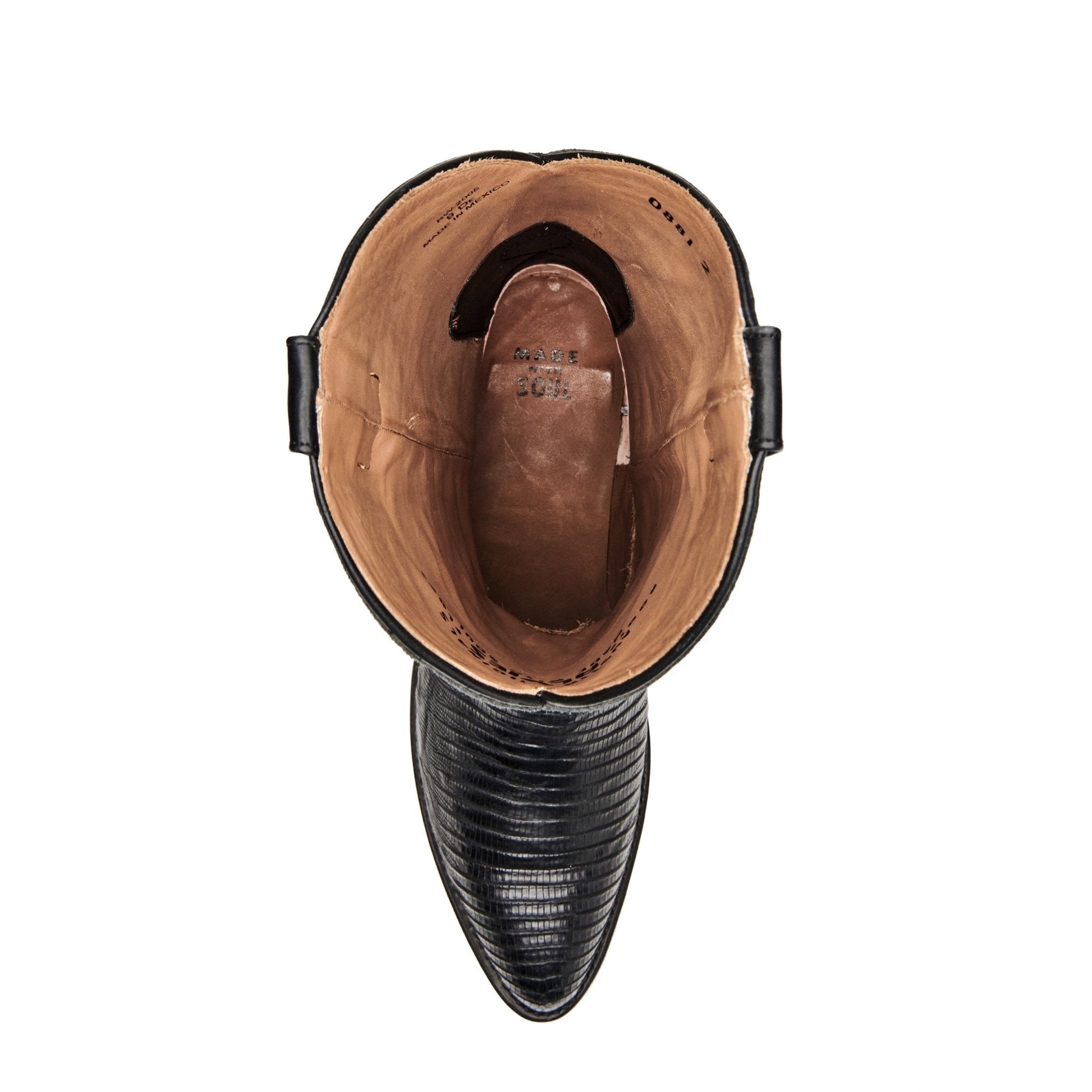 Brown leather ankle boot with black trim and open collar