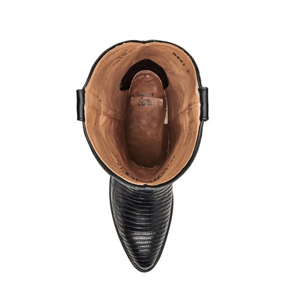 Brown leather ankle boot with black trim and open collar