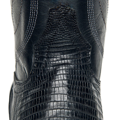Black cowboy boot shaft with crocodile-style texture and stitched seam lines.