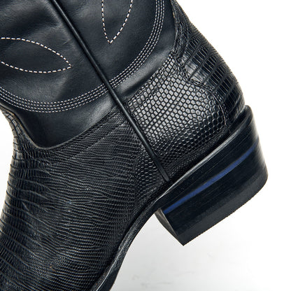 Black cowboy boot side detail with textured panel, contrast stitching, and stacked heel.