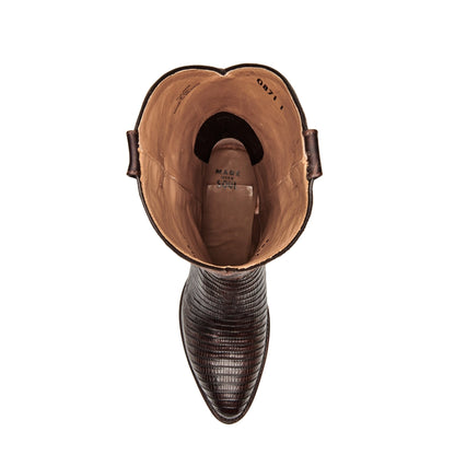 Tan and dark brown cowboy boot with open top and stitched interior lining
