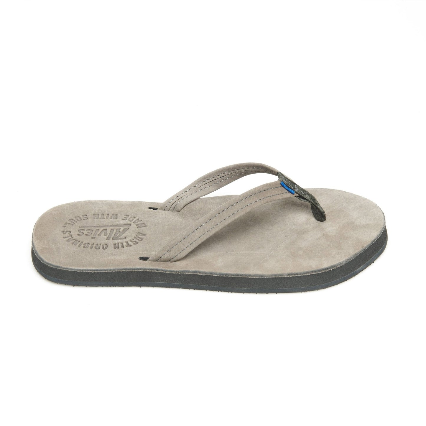 Suede thong sandal with embossed insole branding and dark rubber outsole