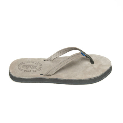 Suede thong sandal with embossed insole branding and dark rubber outsole