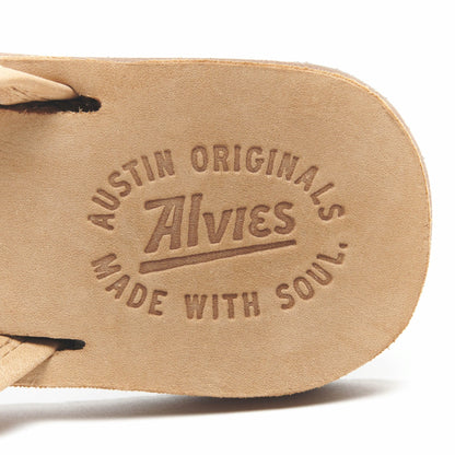 Tan flip-flop footbed with embossed logo text and strap end detail