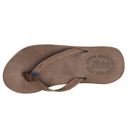 Brown suede flip-flops with one open toe strap and blue-accented post