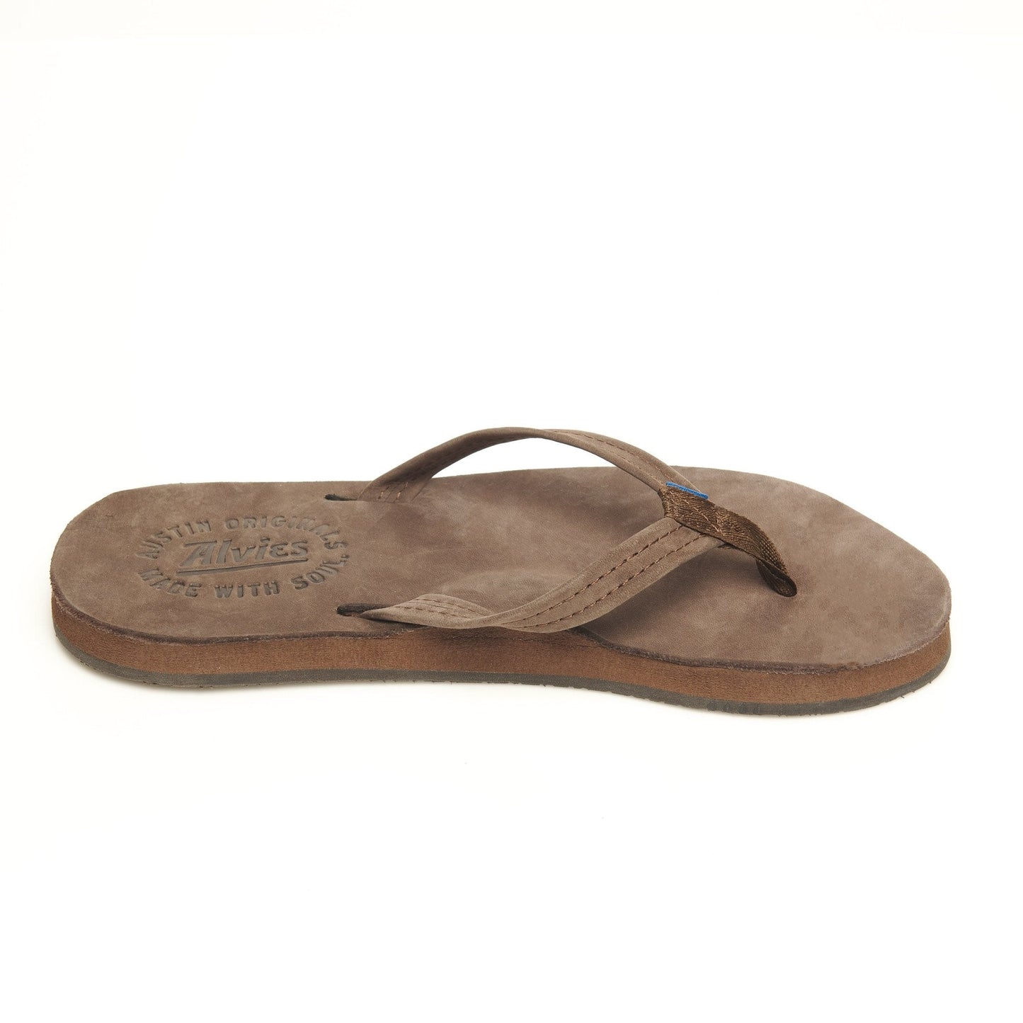 Brown suede flip-flops with printed footbed and blue toe strap