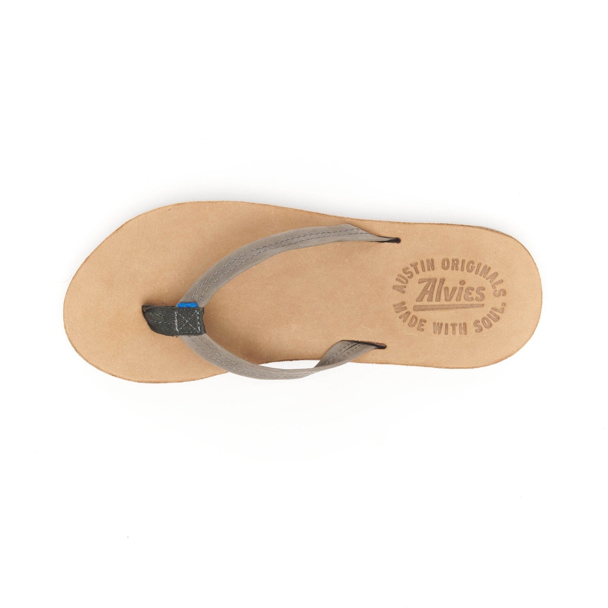 Gray flip-flop sandals with tan footbed, side view with brand stamp on sole
