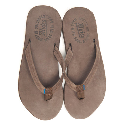 Brown suede flip-flops showing printed insoles with blue toe posts