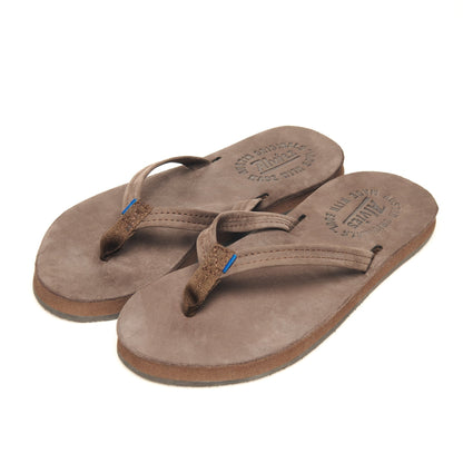 Brown suede flip-flops with thong straps and blue-accented toe posts