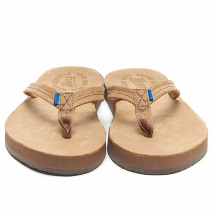 Pair of tan flip-flops with V-shaped toe thong straps and brown soles
