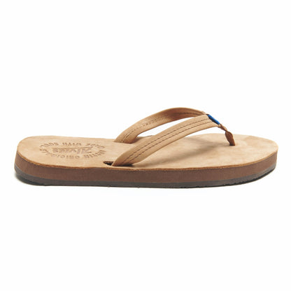 Tan flip-flops with tan leather straps and brown sole, side view on white
