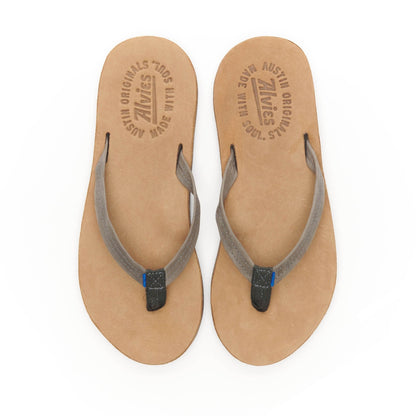 Pair of gray flip-flops with blue-tipped thong straps and tan insoles