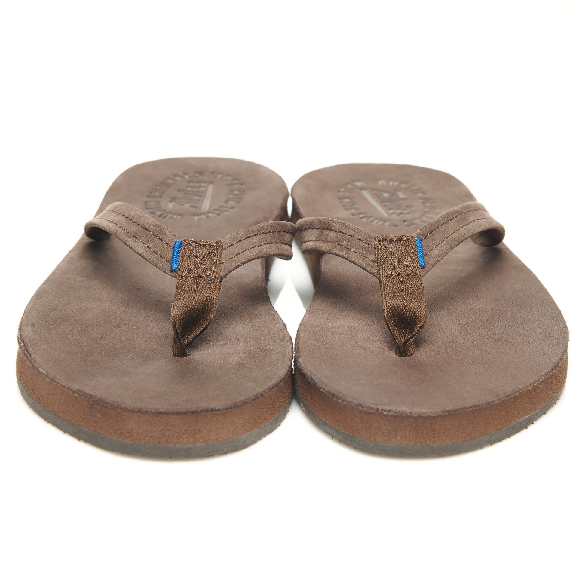 Pair of brown suede flip-flops with blue-accented thong straps and stitched edge