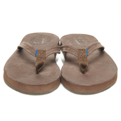 Pair of brown suede flip-flops with blue-accented thong straps and stitched edge