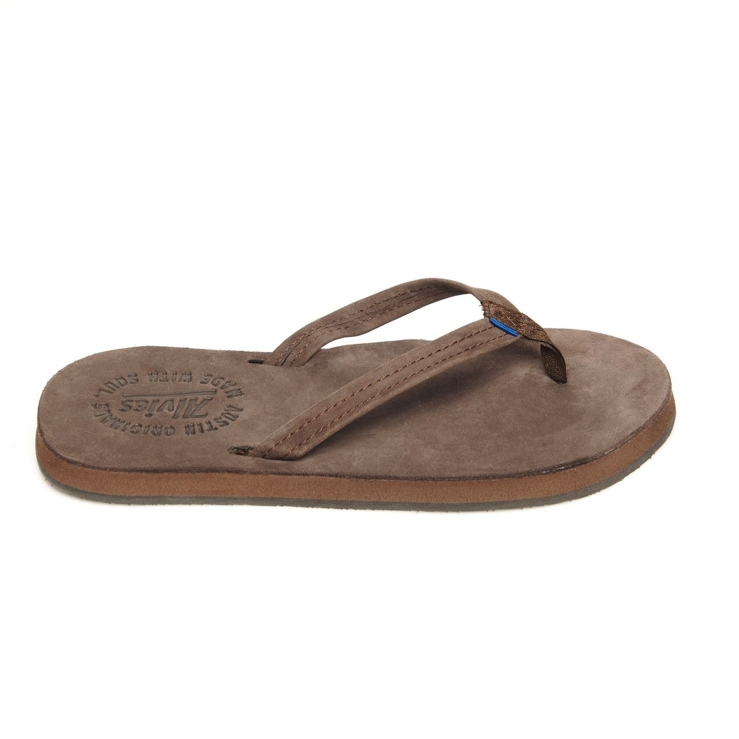 Brown suede flip-flops with curved thong strap and blue-accented toe post