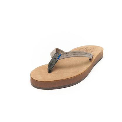 Tan thong flip-flop with gray strap and brown rubber sole, angled view