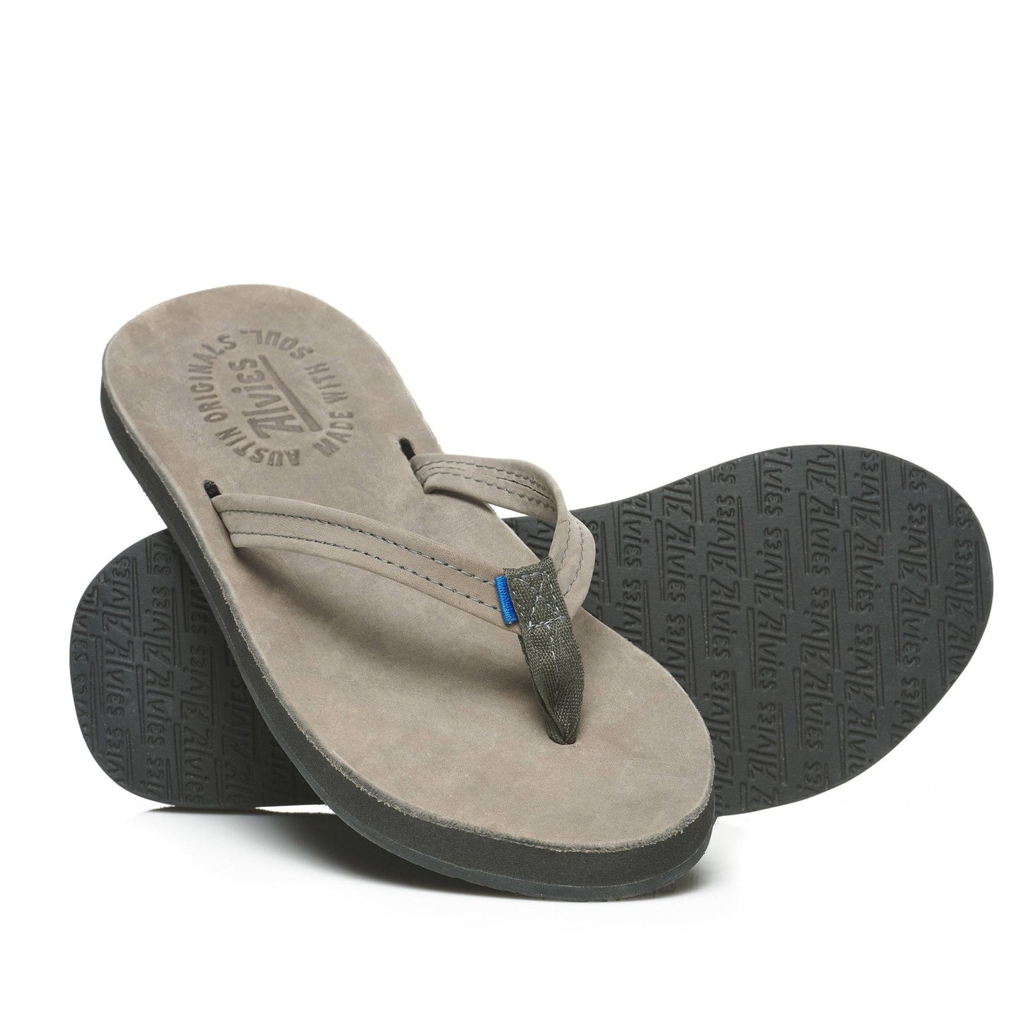 Suede thong sandals with gray geometric outsole and textured insole branding